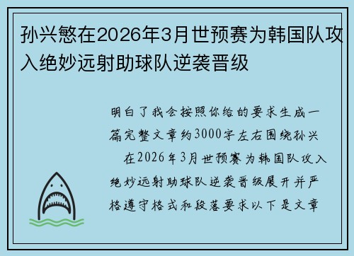 孙兴慜在2026年3月世预赛为韩国队攻入绝妙远射助球队逆袭晋级