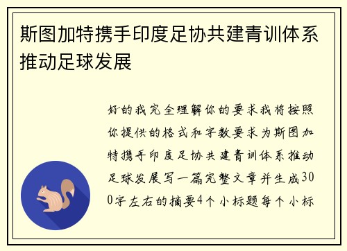 斯图加特携手印度足协共建青训体系推动足球发展 斯图加特携手印度足协共建青训体系推动足球发展