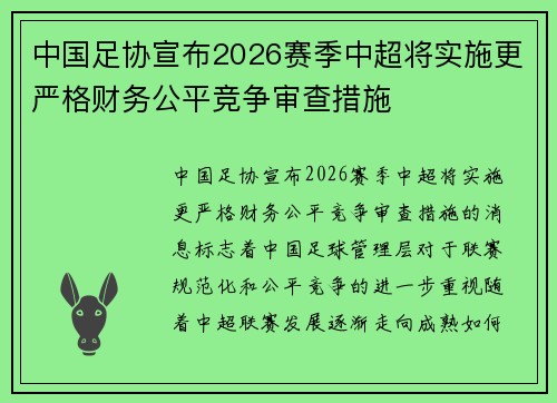 中国足协宣布2026赛季中超将实施更严格财务公平竞争审查措施