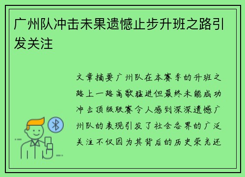 广州队冲击未果遗憾止步升班之路引发关注