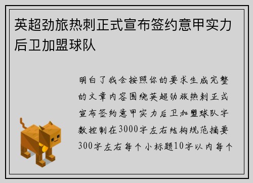 英超劲旅热刺正式宣布签约意甲实力后卫加盟球队